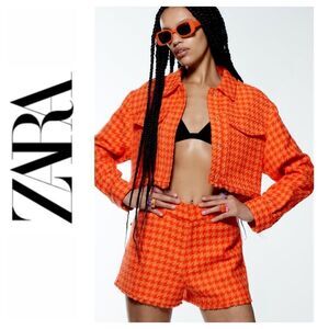 Zara Blogger’s Favorite Orange Textured Collared Frayed Hem Short Jacket, Large